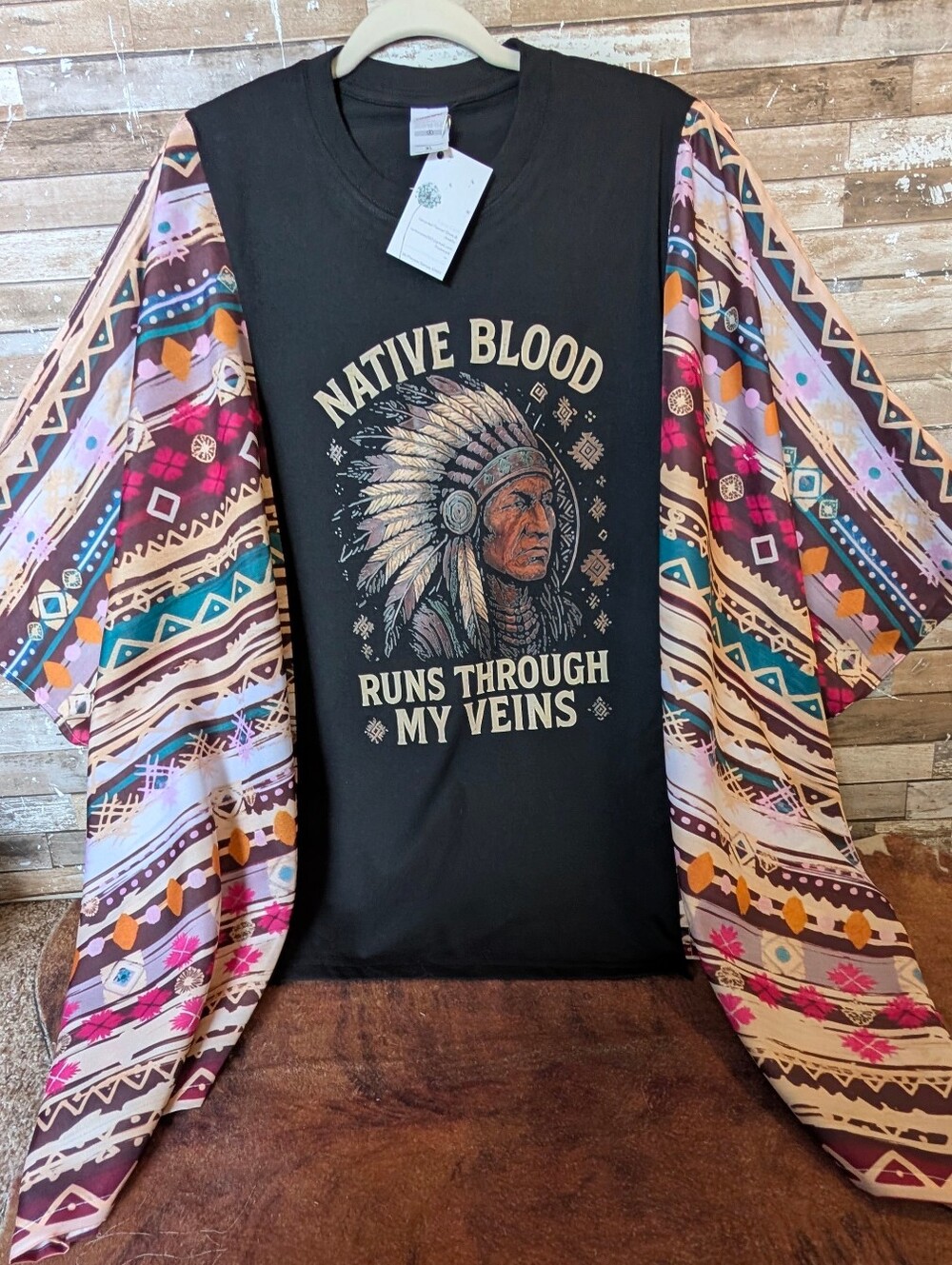Native Blood Graphic W Boho Aztec Bat Winged Sleeves Poncho Style Top